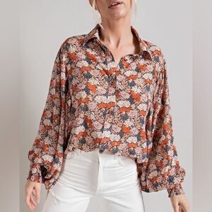 Women’s Boutique Boho Floral Terra Cotta Button Down Blouse
